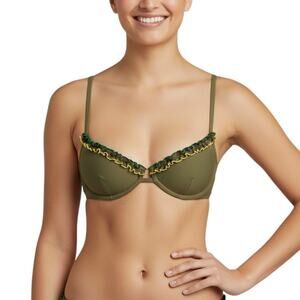 Something Navy Daffodil Ruffle Underwire Bikini Top Olive Women M NWT